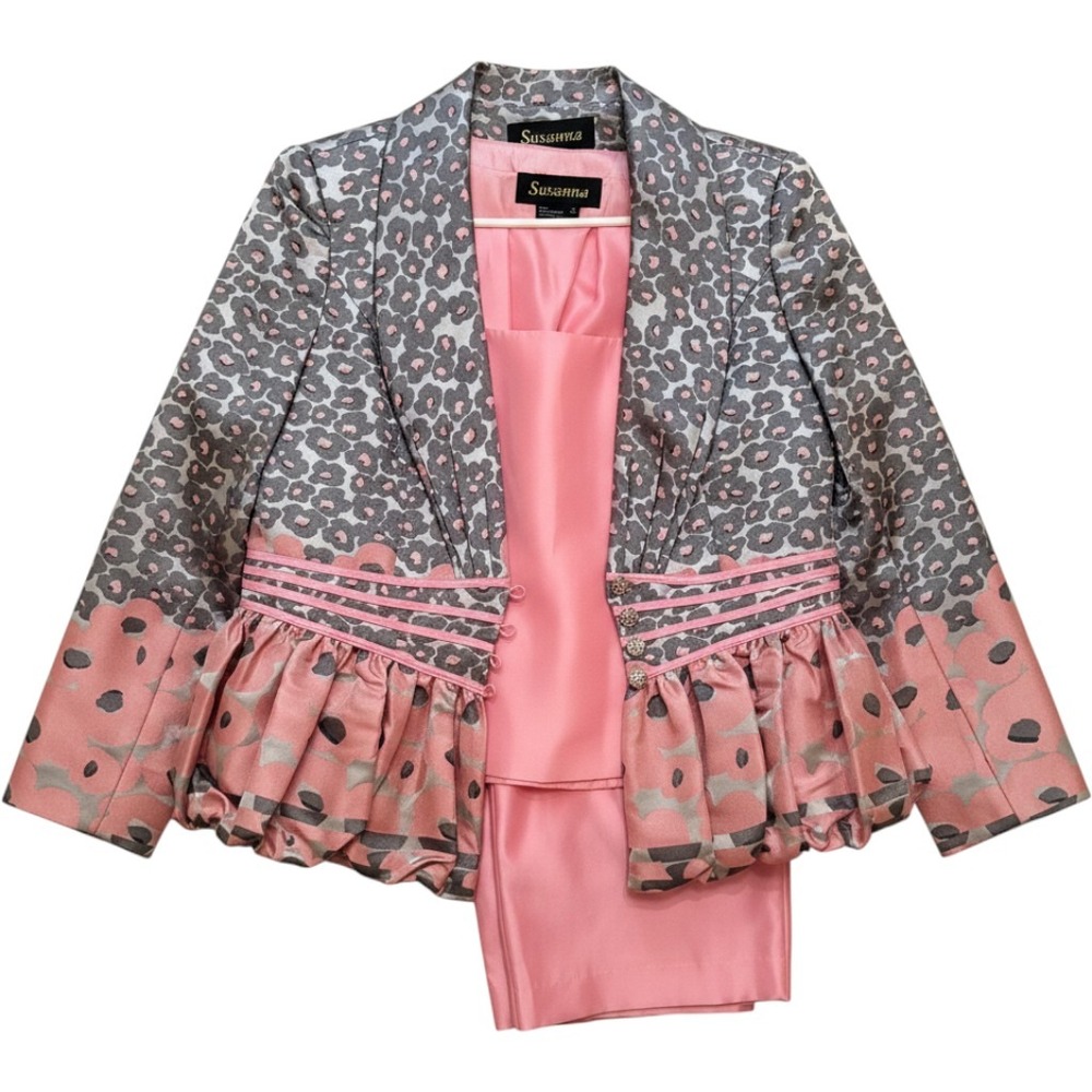 Susanna 3 Piece Skirt Suit Set Pink Leopard Print Peplum Jacket Size 12 NWT